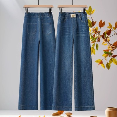 松紧高腰直筒牛仔裤女2025秋冬新款宽松窄版小个子加绒加厚阔腿裤