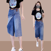 女秋季 大码 欧货薄款 裙梨形身材遮胯高腰阔腿裤 七分裤 牛仔半身裙裤