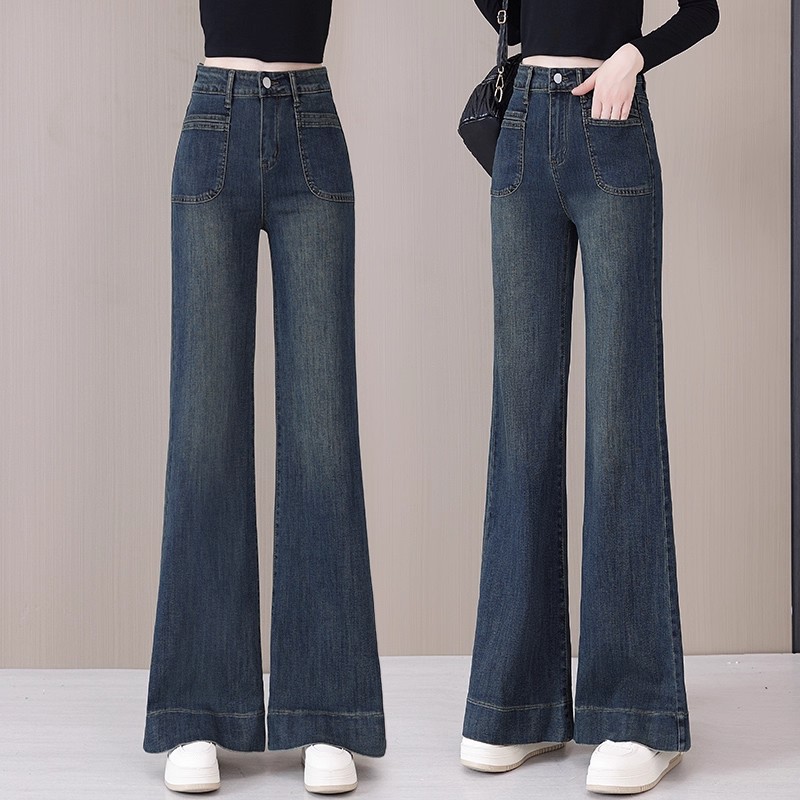 美式丹宁色微喇牛仔裤女2025新款春秋高腰梨形垂感宽松直筒喇叭裤