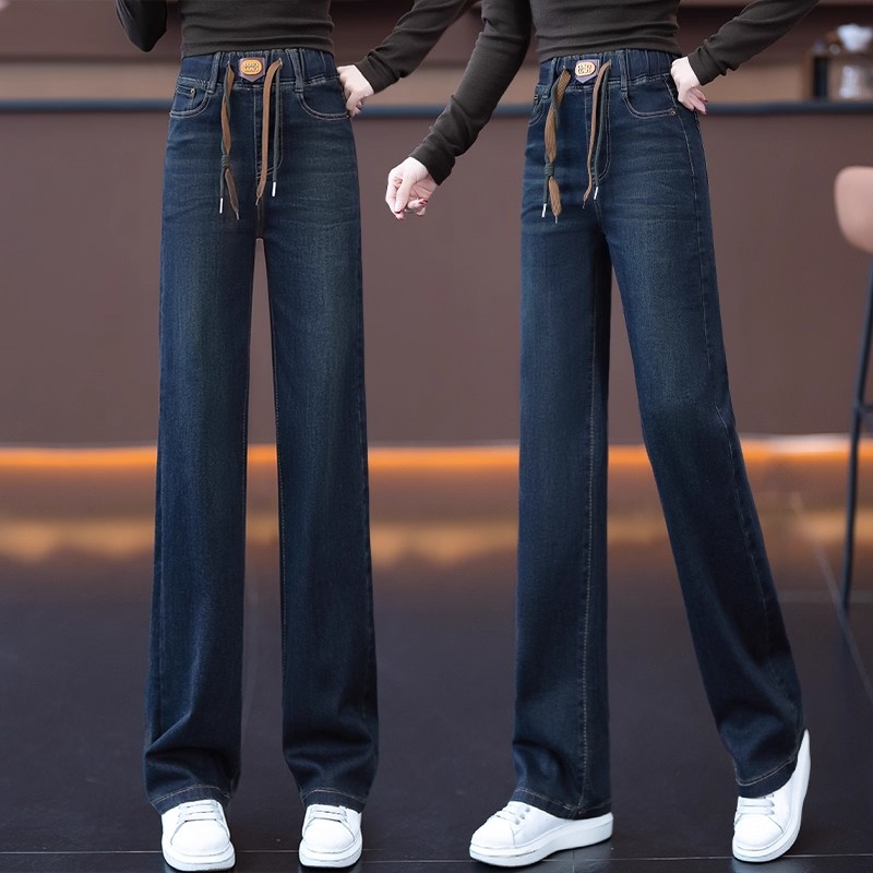 牛仔裤女2025年新款时尚潮流窄版阔腿裤松紧腰秋季郑州女裤直筒裤
