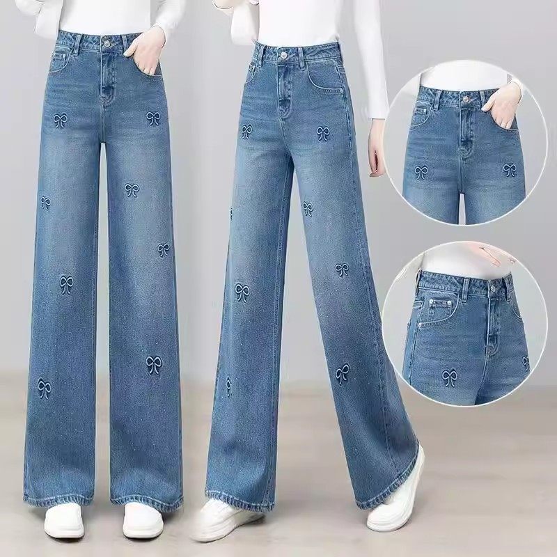 牛仔裤女高腰烫钻春季长裤绣花窄版直筒裤复古2025时尚休闲阔腿裤,女装/女士精品,牛仔裤,淘宝优惠券,粉丝福利购,淘宝优惠卷