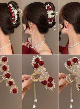 新年红色抓夹女2026年新款秋冬发夹高级感后脑勺鲨鱼夹子发卡头饰