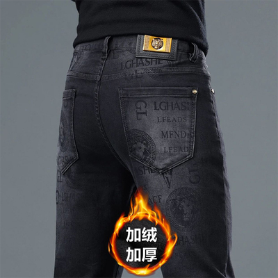 香港高端潮牌印花牛仔裤男修身小脚2025冬季加绒加厚弹力百搭长裤