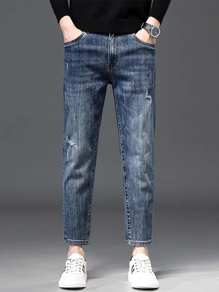香港2025春季九分破洞牛仔裤男士宽松直筒潮牌百搭弹力休闲9分裤