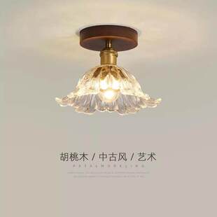 新中式过道灯吸顶灯现代简约胡桃木玻璃玄关阳台走廊厨卫实木灯具