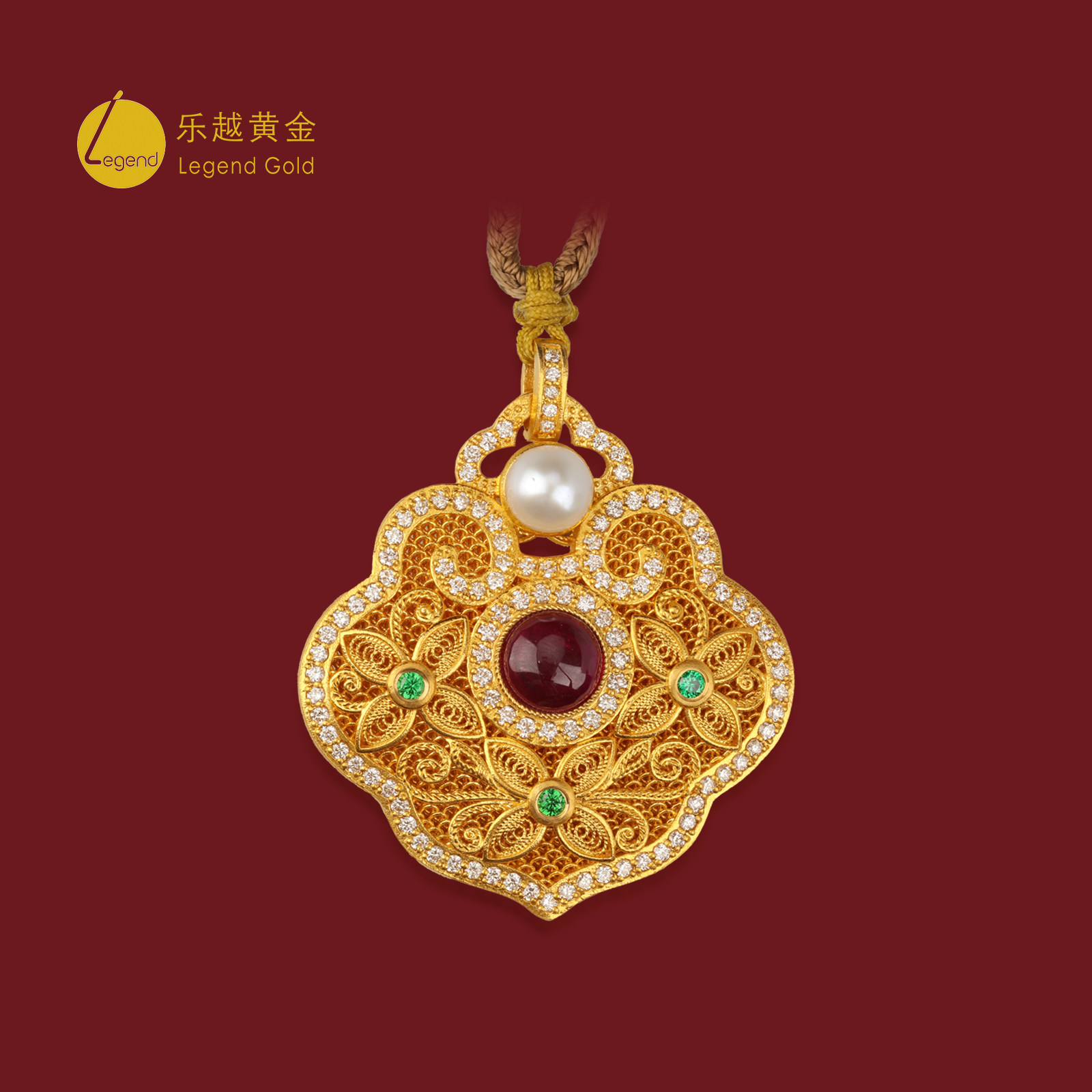 乐越黄金古法花丝如意锁包吊坠足金999珍珠钻石点钻送礼