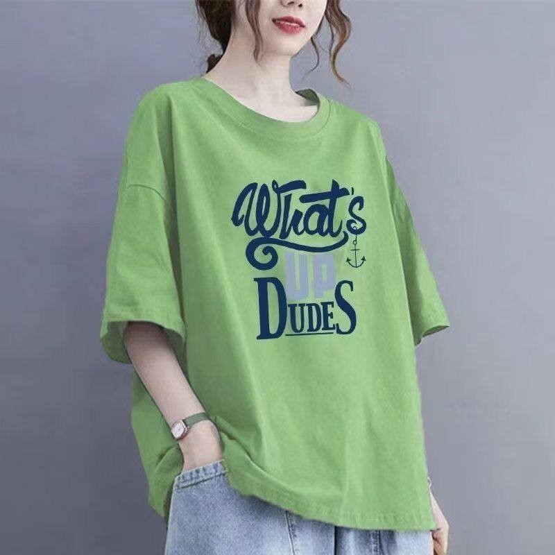 纯棉短袖t恤女夏季新款时尚宽松大尺码遮肚显瘦圆领洋派百搭上衣