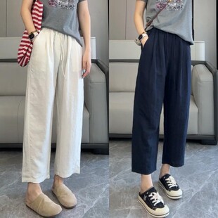 夏季九分天丝亚麻阔腿裤女薄款2026新款棉麻八分休闲女士冰丝裤子