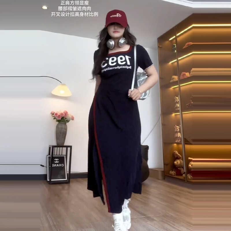 大码美式复古开叉撞色连衣裙女夏季胖mm数字印花收腰显瘦时尚长裙