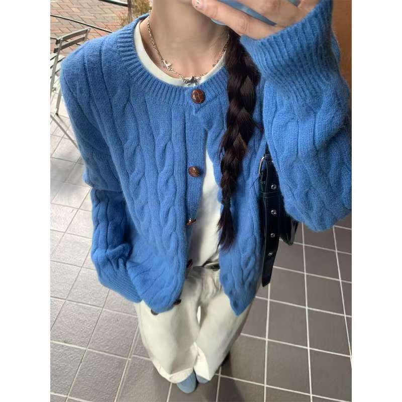 Forever 21超好看蓝色圆领麻花针织开衫女秋宽松百搭长袖毛衣外套