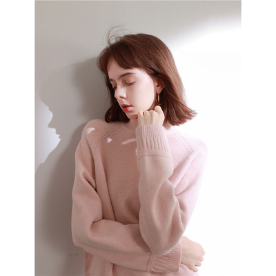 三彩2025秋冬季新款纯色毛衣半高领针织衫慵懒风宽松粉色毛衫女M