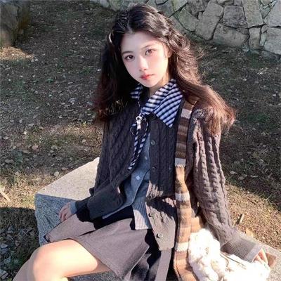 美式灰色麻花polo领假两件毛衣外套女秋冬季修身短款针织开衫上衣