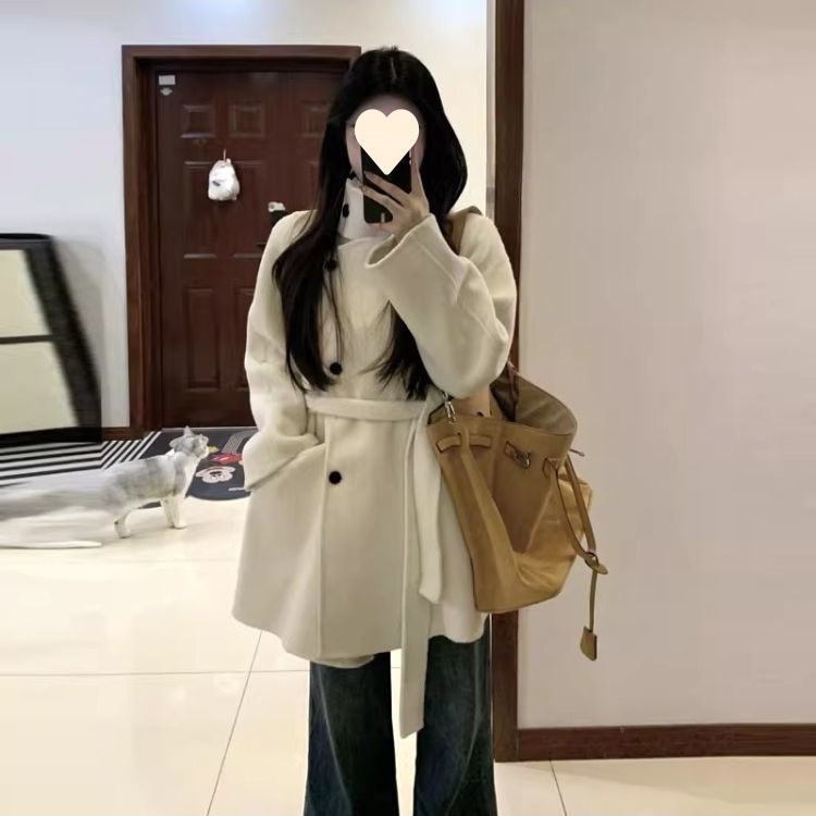 韩版小个子系带收腰毛呢外套女2025秋冬新款穿搭感超好看大衣