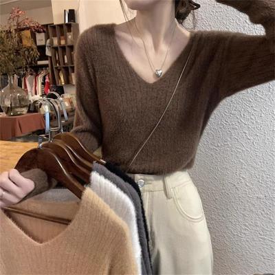加厚保暖软糯仿貂绒打底V领毛衣秋冬女修身长袖针织衫内搭上衣服