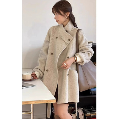 温柔呢子大衣女秋冬新款毛呢外套感小个子中长款新款米白色大码