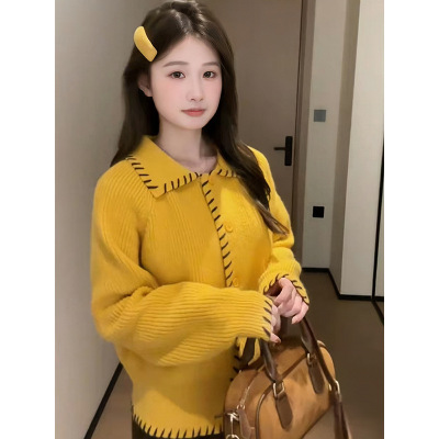 韩系小香风翻领针织衫毛衣女秋冬宽松慵懒风开衫外套白色长袖上衣