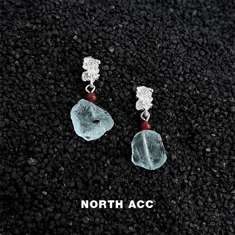NORTHACC新中式天然蓝水晶耳环小众设计民族风红玛瑙耳钉个性耳饰