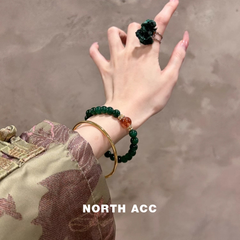 NORTHACC新中式复古墨绿色干青手链女天然红花胶水晶串珠轻奢