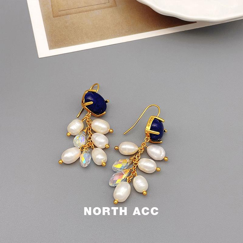 NORTHACC复古流苏淡水珍珠巴洛克耳环轻奢长款天然青金石个性耳饰