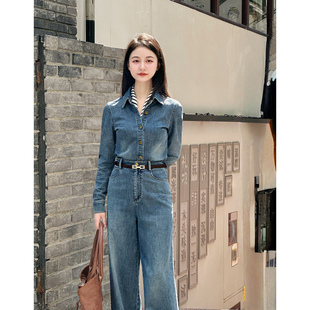 高腰长裤 牛仔时尚 小娜椒小个子蓝色复古翻领衬衫 女 纽约转角