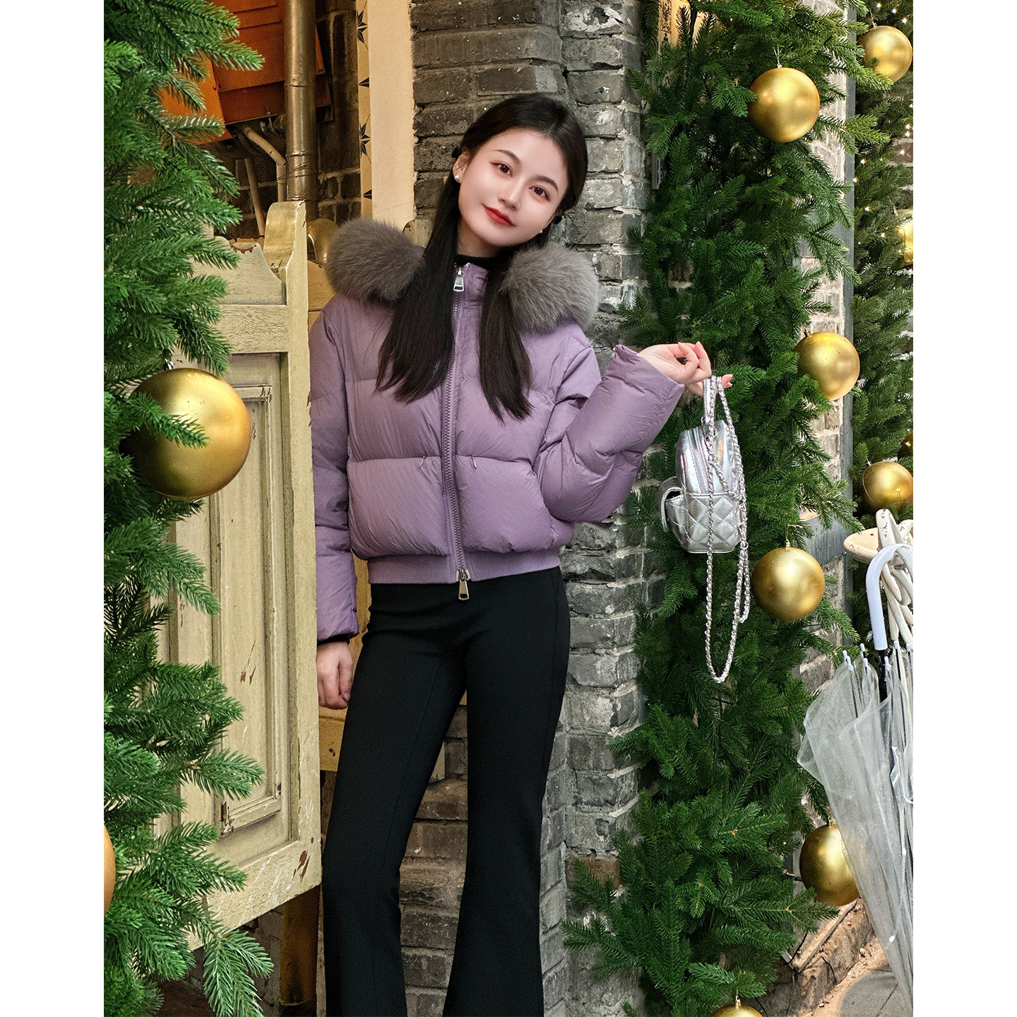 【鸢尾格调】小娜椒小个子冬季毛领紫色连帽加厚短款羽绒服外套女