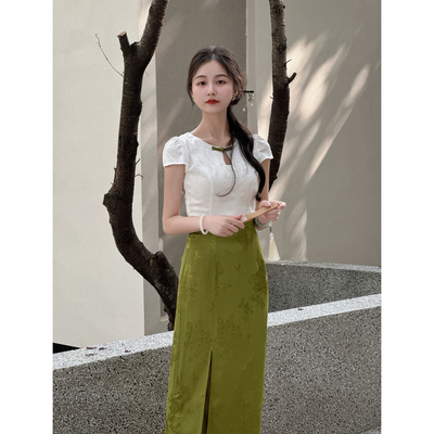【山涧青芜】小娜椒小个子优雅新中式上衣绿色提花半身裙套装女