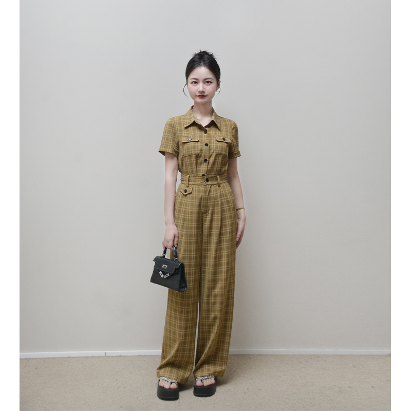 【夏日格调】小娜椒小个子夏季高级时尚格子衬衫休闲直筒裤套装女