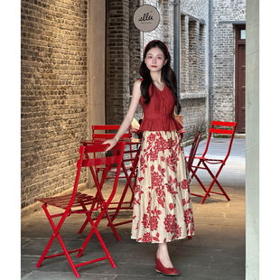 花边上衣印花半身裙套装 小娜椒小个子文艺复古时尚 女 夏日热恋