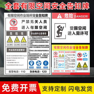 有限空间安全告知牌警告标识密闭受限空间作业警示牌安全风险点操作规程贴纸职业危害标示责任人标志牌卡定制