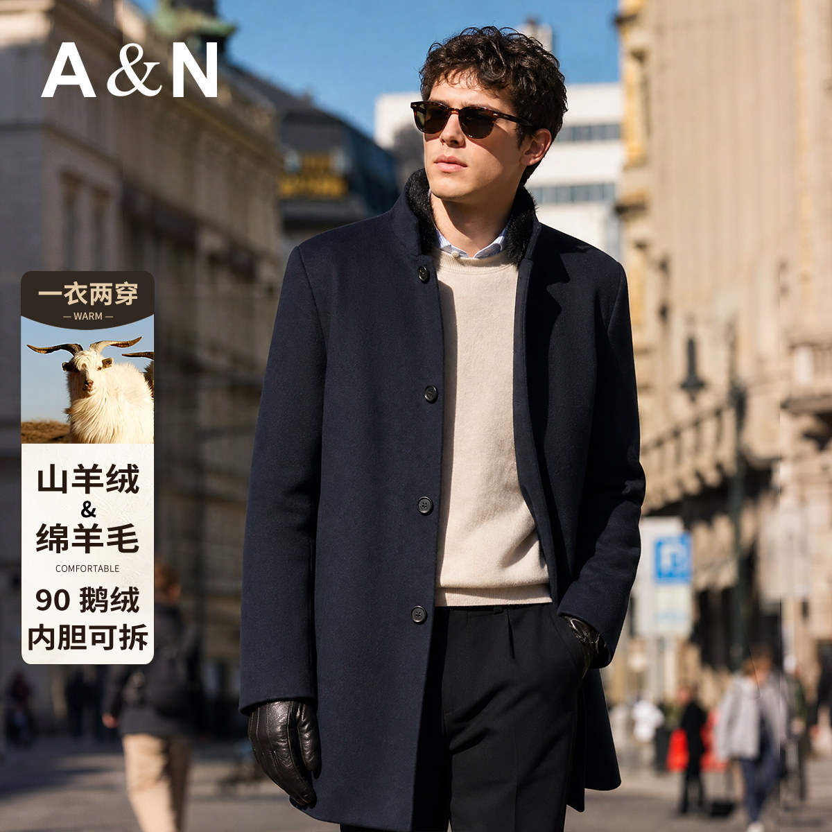 [羊毛羊绒&水貂毛领]AntonNeal可拆内胆羽绒大衣男冬羊毛呢外套厚