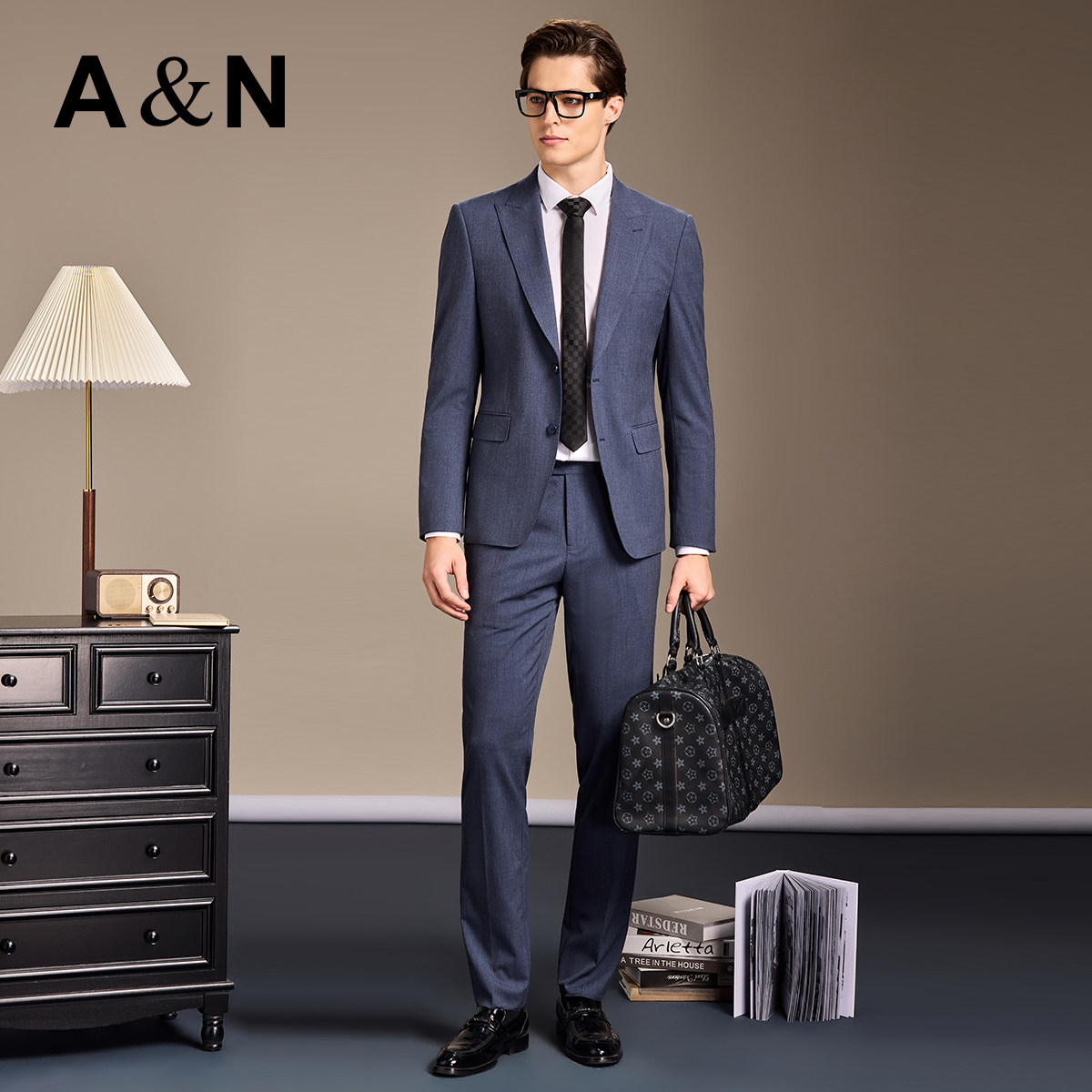 【轻奢高定两件套】AntonNeal男士竖条纹西服订婚戗驳领西装礼服