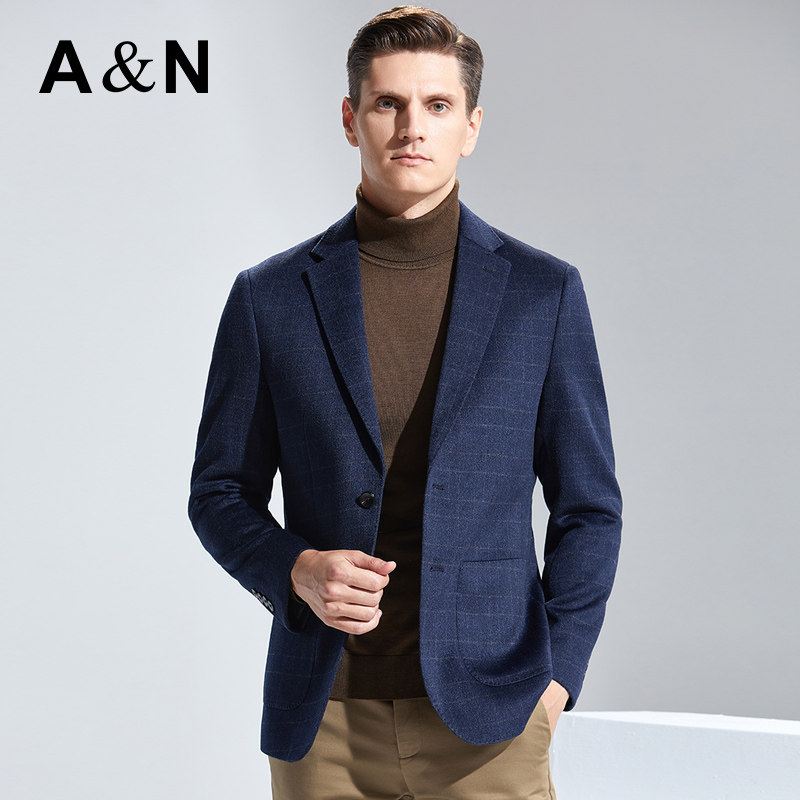 A&N/安东尼奥山羊绒羊毛单西外套男商务休闲西装中年格纹毛呢西服