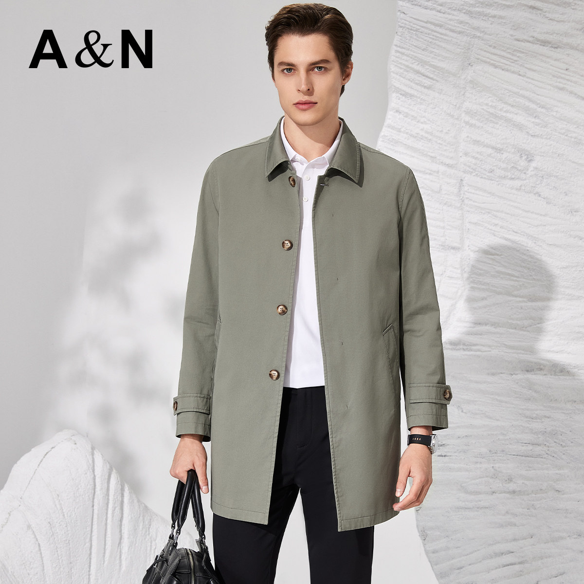【100%精梳长绒棉】纯棉翻领中长款风衣男简约挺括商务休闲外套