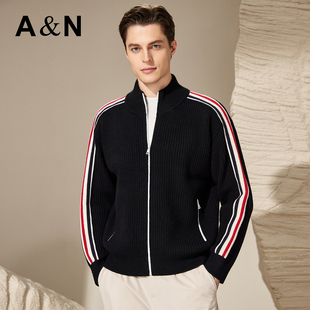 AntonNeal男装 高级撞色条纹长袖针织开衫秋季休闲高领毛衣外套