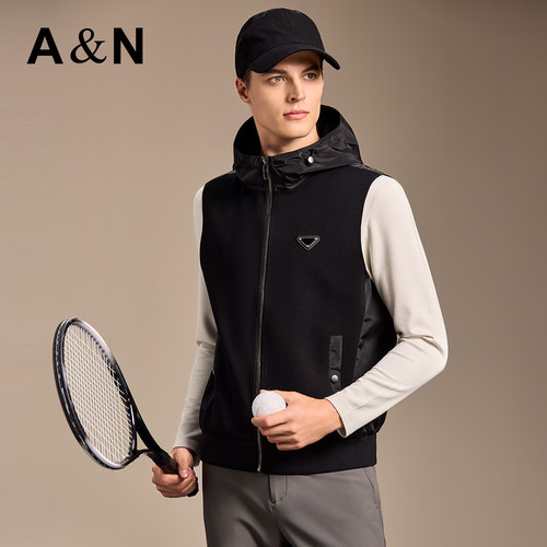 AntonNeal男装 轻户外高级针织马甲外套休闲连帽外搭秋冬保暖背心