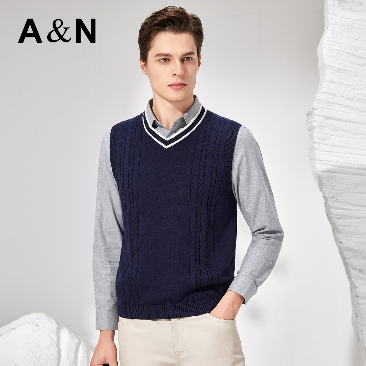 【含山羊绒】春秋撞色V领简约长绒棉背心男保暖休闲针织衫马甲,男装,常规马甲,淘宝优惠券,粉丝福利购,淘宝优惠卷