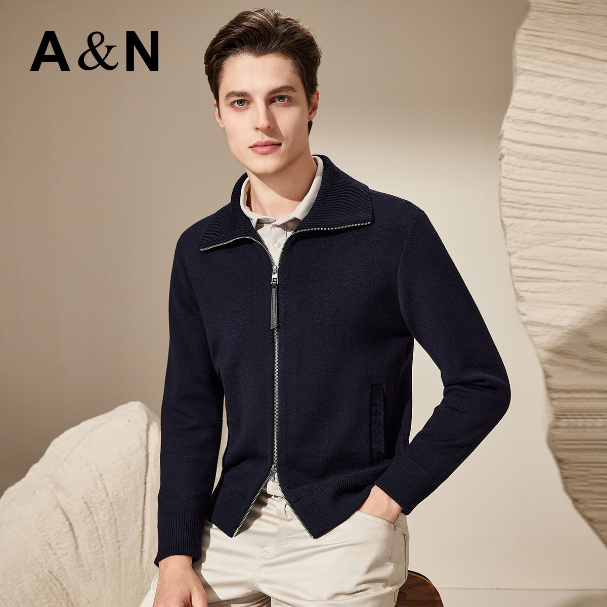 【老钱风&内附绒】秋季精纺羊毛开衫男外搭拉链高领针织夹克外套