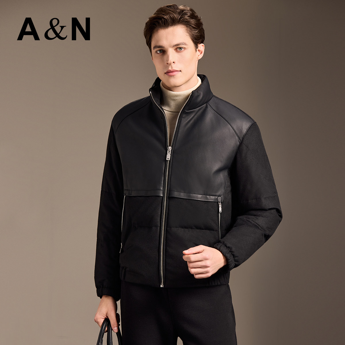 【真皮拼接90鹅绒】AntonNeal轻奢高级立领羽绒服男羊毛混纺外套