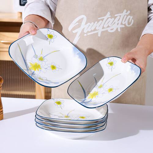 家用隔热方盘陶瓷8.5英寸水仙花开碟子高颜值餐具碗碟套装家用盘