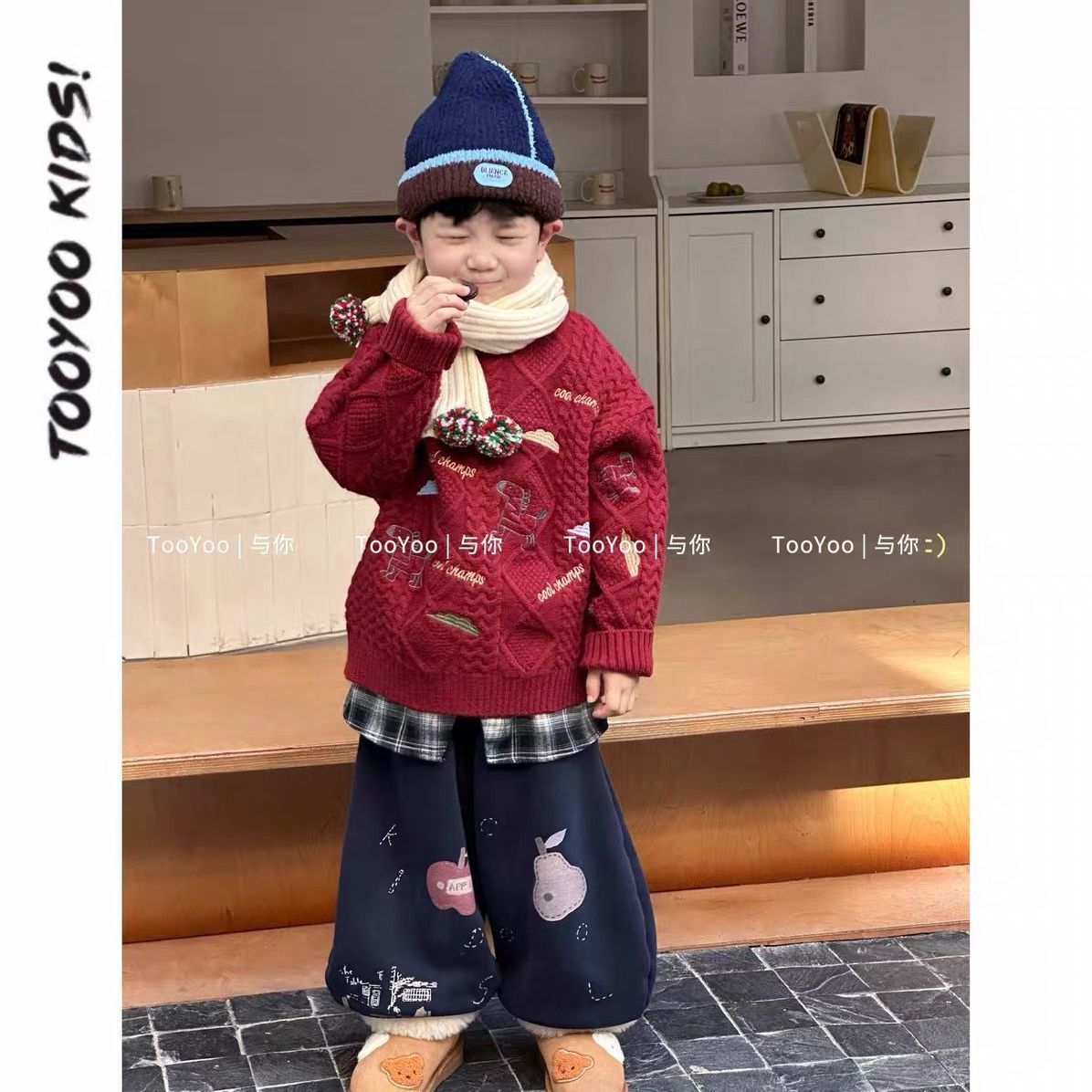 男童红色加厚保暖毛衣圣诞拜年服