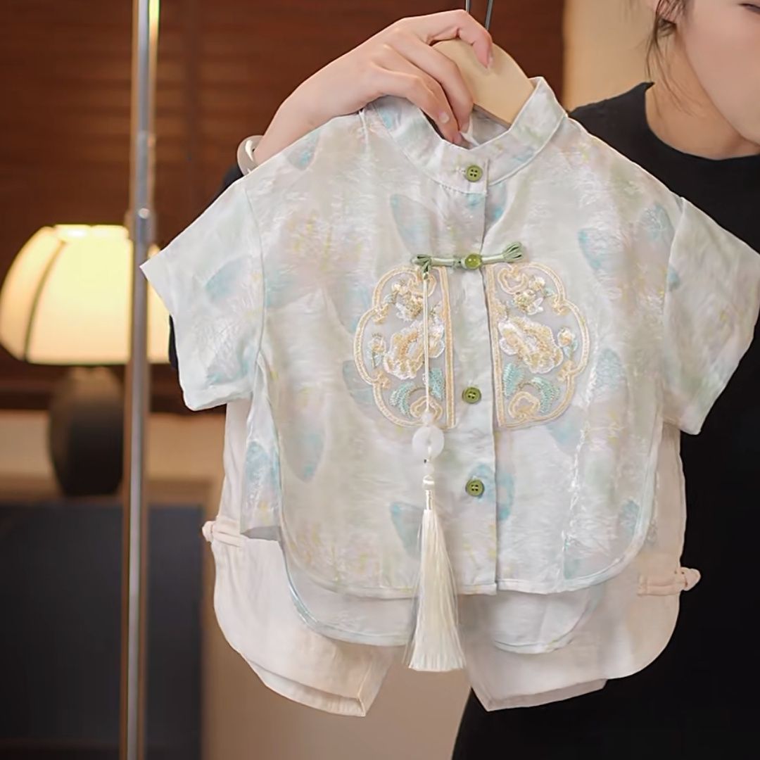 儿童国风短袖套装中秋男童中式盘扣上衣幼儿园宝宝国潮汉服两件套