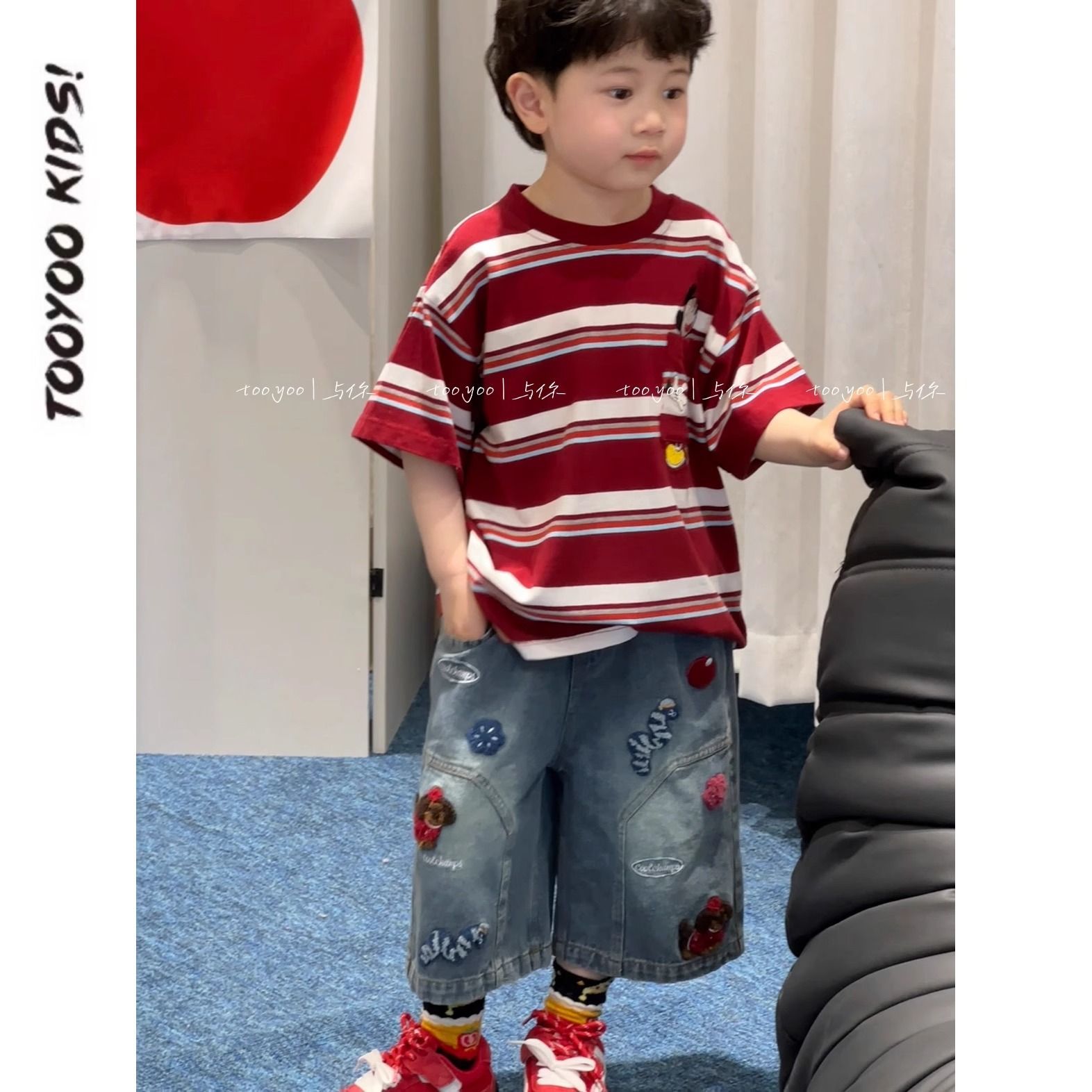 男童米奇夏季套装儿童条纹卡通短袖t宝宝绣花牛仔七分短裤两件套