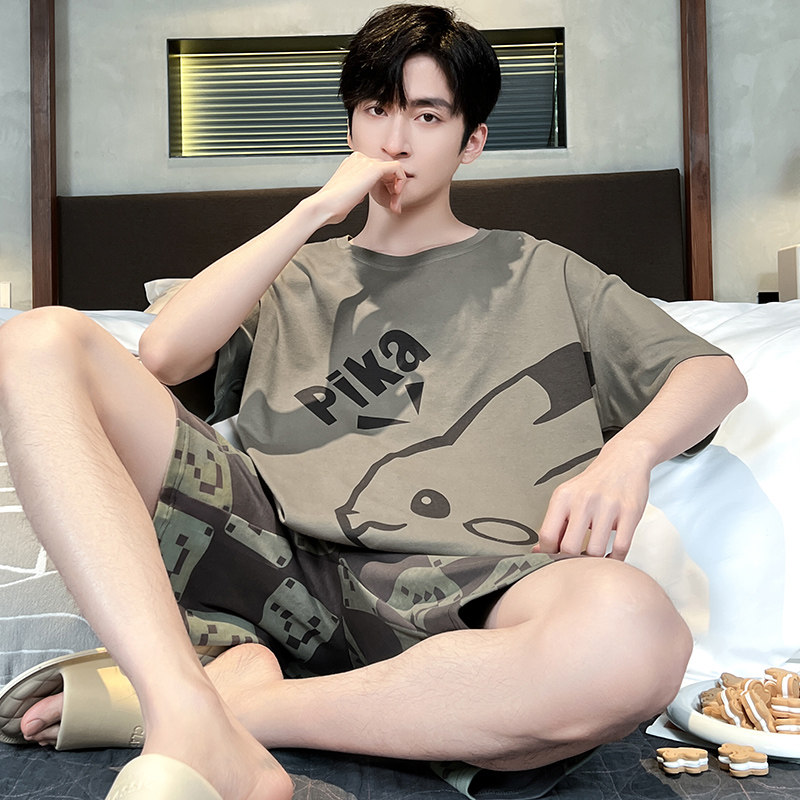 芬腾男款睡衣纯棉短袖卡通青少年男士夏天薄款大码学生家居服套装