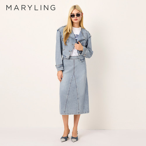 MARYLING玛俪琳奥莱outletsA字丹宁蓝水洗牛仔半身裙A1FBW72270
