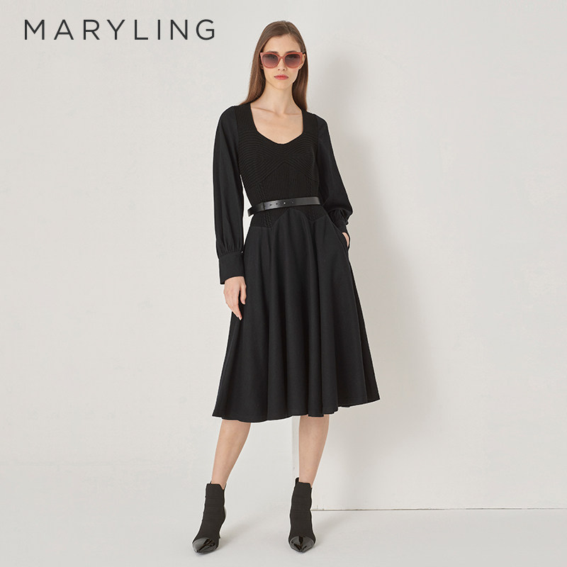 MARYLING玛俪琳奥莱outlets秋季法式V领拼接羊毛连衣裙A1DIW63060