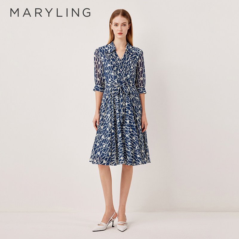 MARYLING玛俪琳奥莱outlets蓝白琉璃印花系带连衣裙A1FFW61050