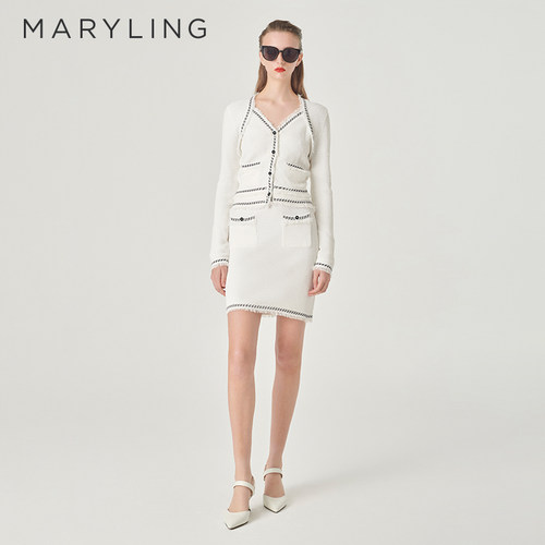 MARYLING玛俪琳奥莱outlets秋季V领撞色流苏针织开衫A1EAW08040