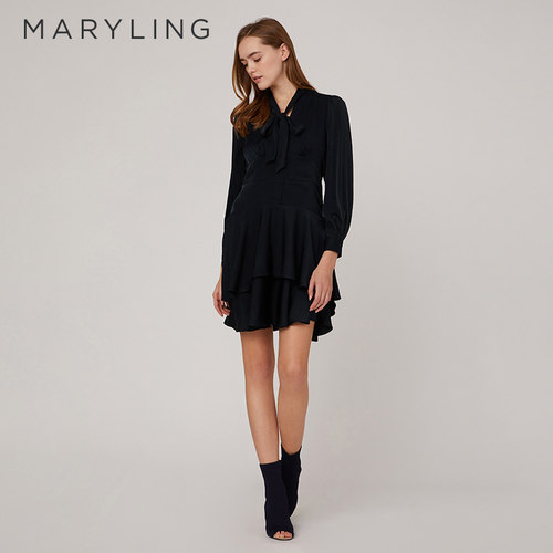 MARYLING深蓝飘带领裙边连衣裙