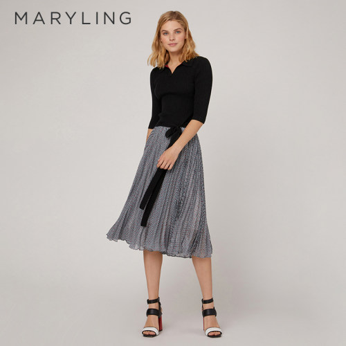 MARYLING黑色绑带翻领中袖针织衫
