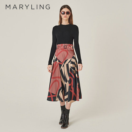 MARYLING玛俪琳奥莱outlets复古半高领针梭印花连衣裙A1EHW62000
